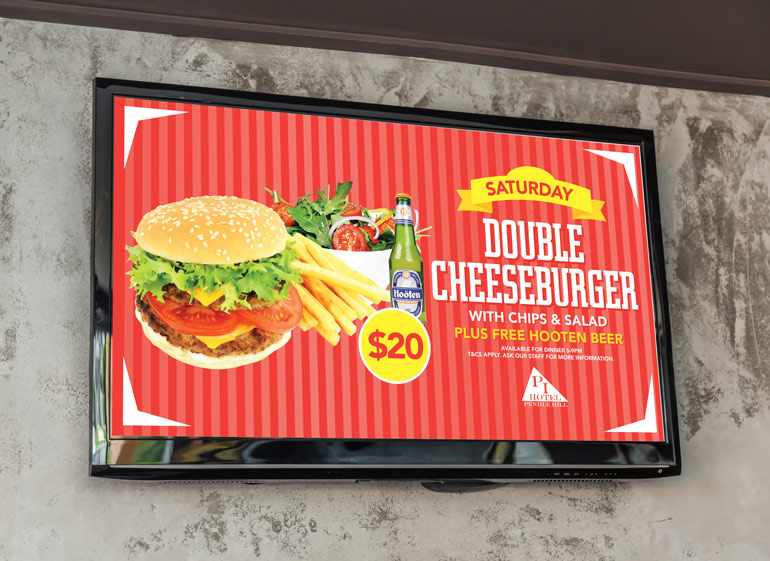 TV Screen advertising double cheeseburger and beer special in NSW Australia